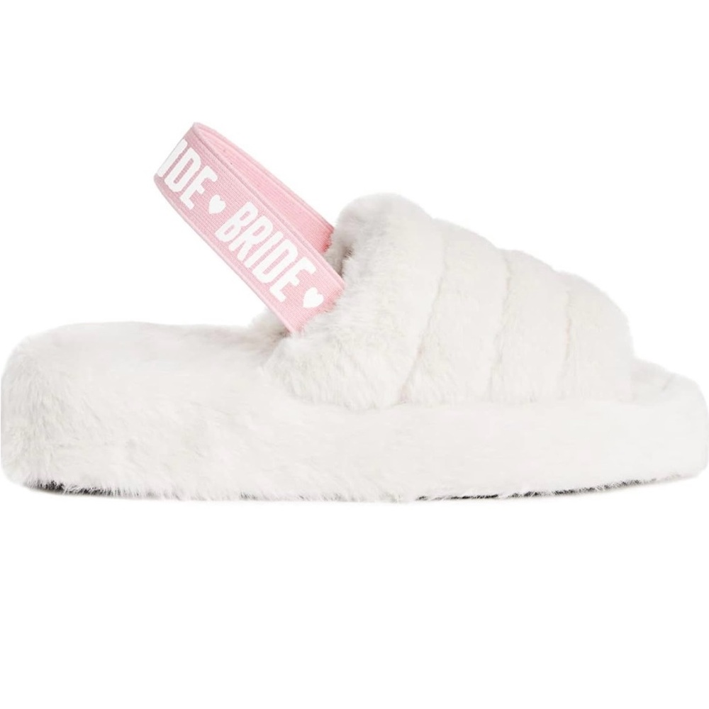 xo, Fetti Bride Strap Slippers - White Fur, Bachelorette Party, Wedding Size M/L